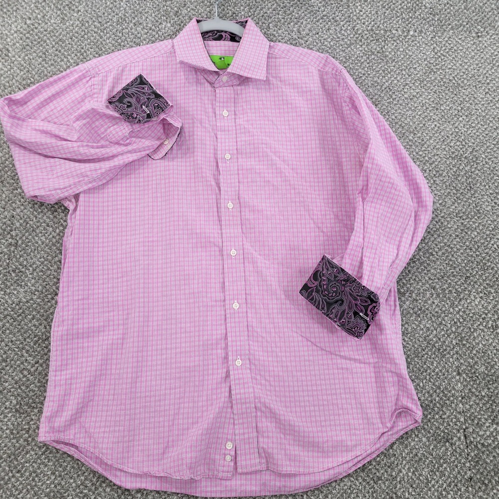 Bristol & Bull Mens Large Pink Plaid Paisley Trim Cotton Button Down Shirt